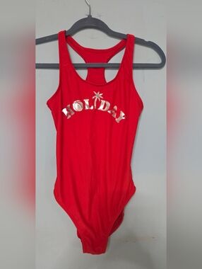 GAP Red Swim Suit One-Piece with Metallic 'HOLIDAY' Print